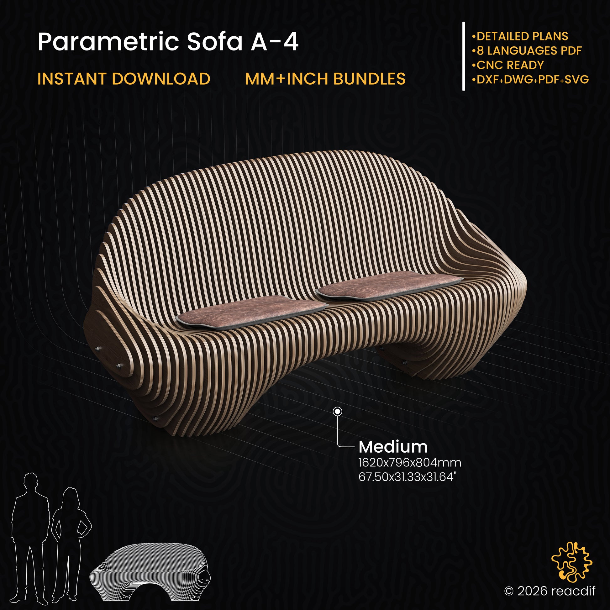 Parametric Sofa A-4 technical specifications infographic with dimensions, CNC cutting requirements, and material details