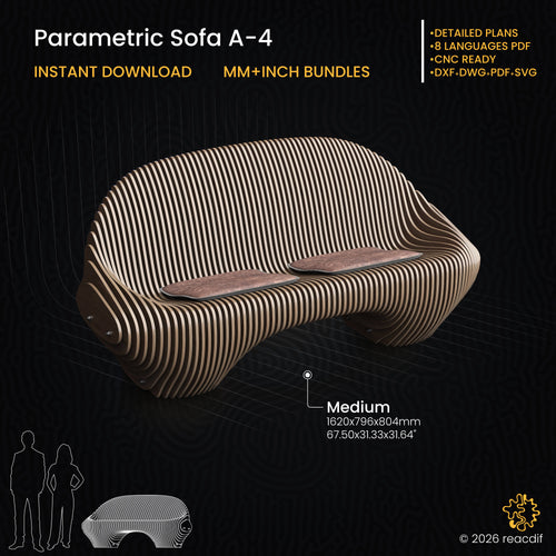 Parametric Sofa A-4 technical specifications infographic with dimensions, CNC cutting requirements, and material details