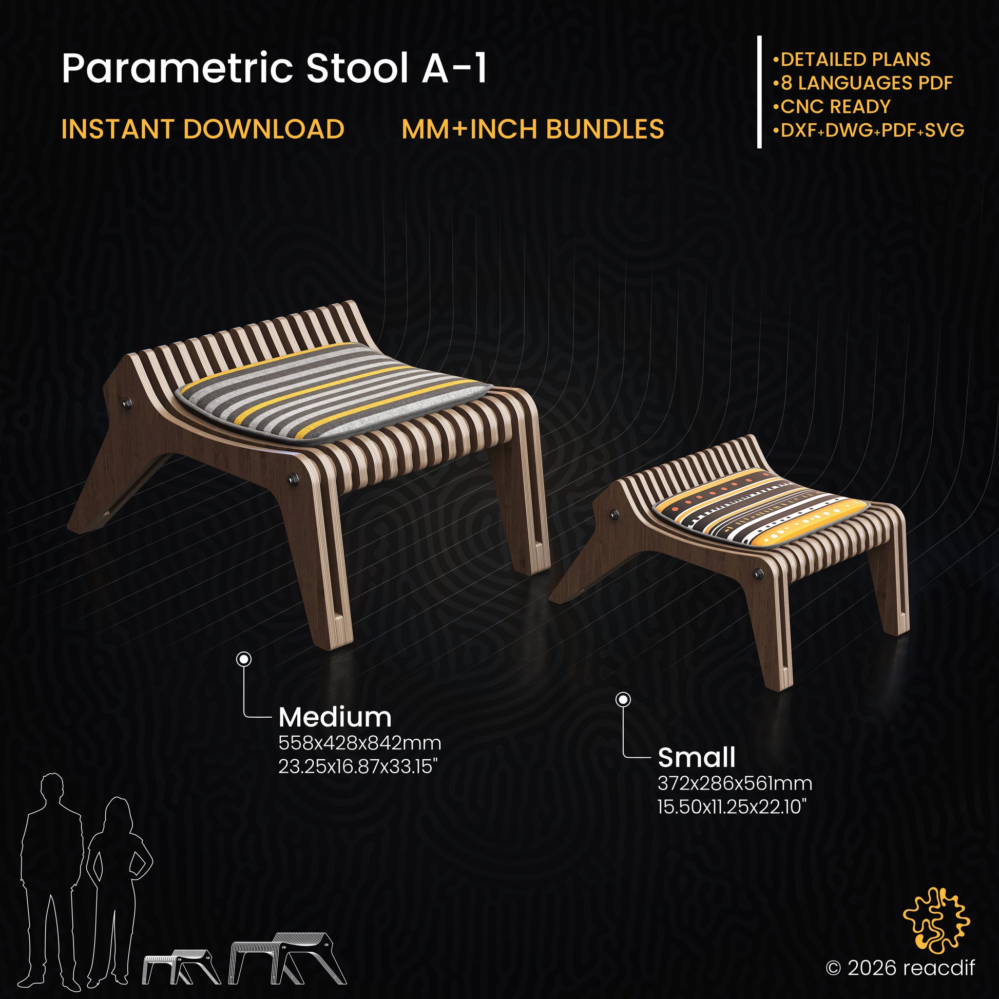 Parametric Stool A-1 infographic showing assembly steps and construction details for DIY makers