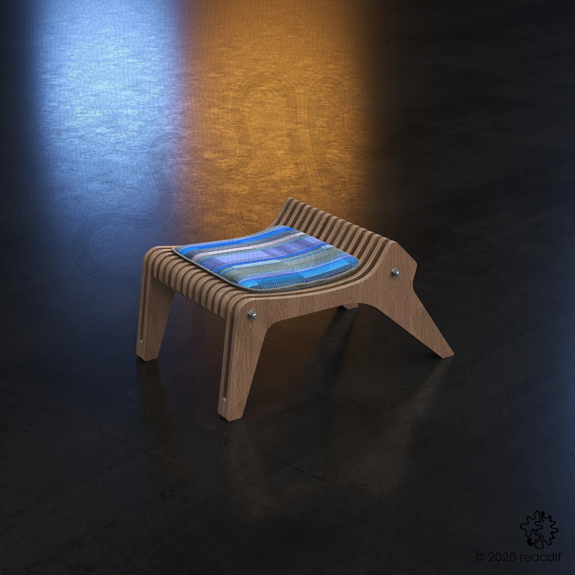 Parametric Stool A-1 variant A detail view - showcasing CNC-ready joinery and compact assembly