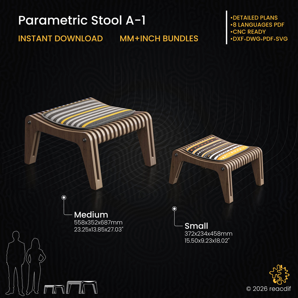 Parametric Stool A-2 infographic showing assembly steps and construction details for DIY makers