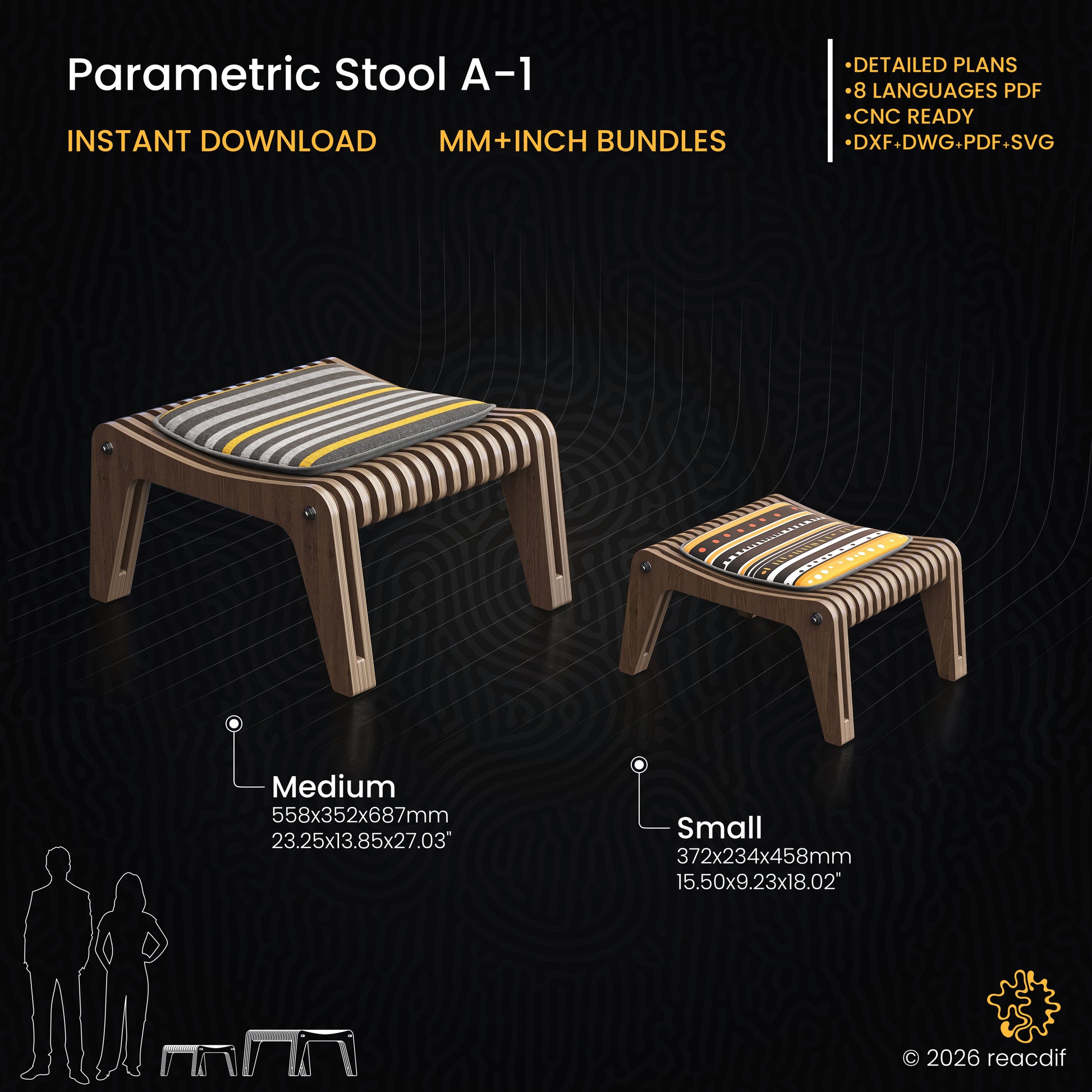 Parametric Stool A-2 infographic showing assembly steps and construction details for DIY makers