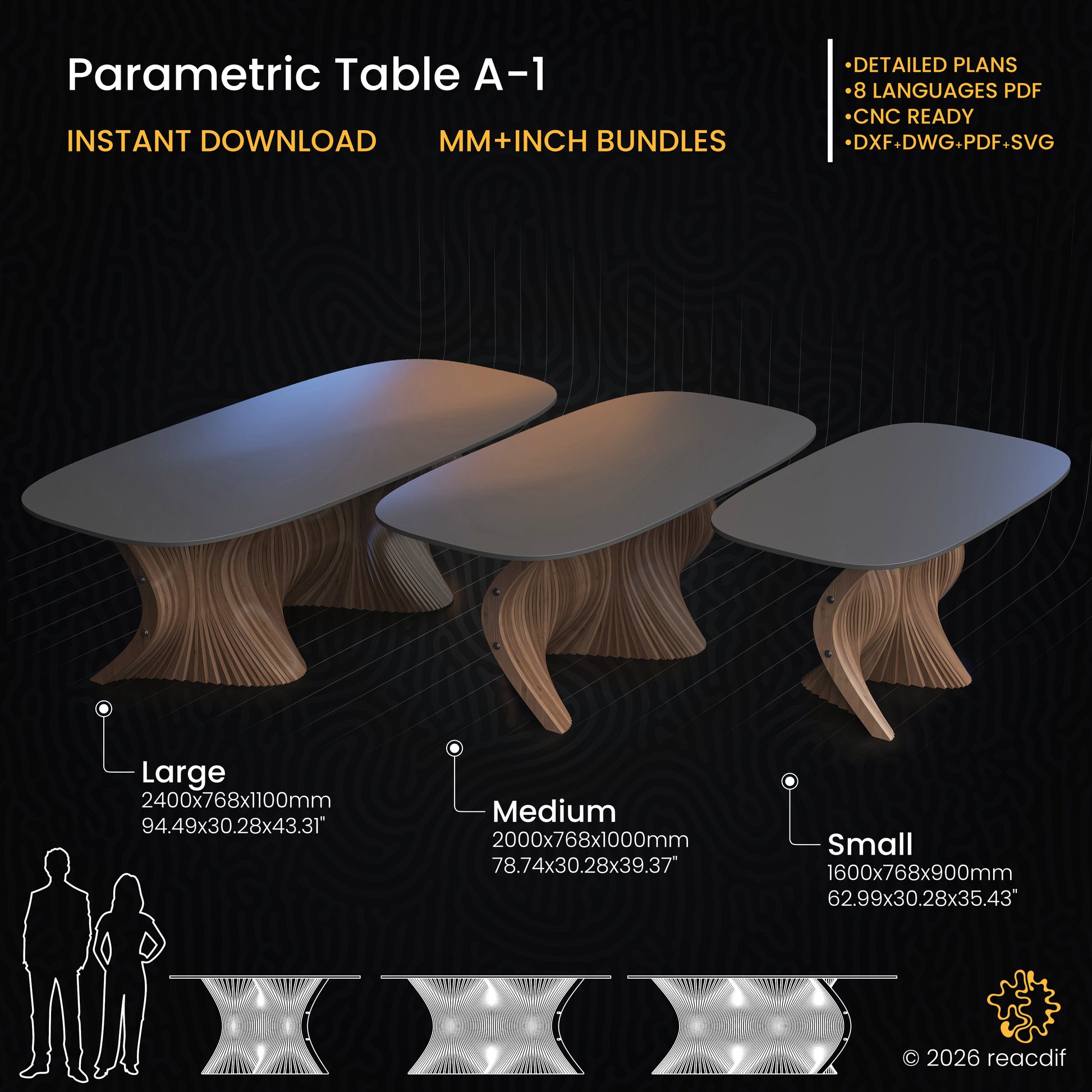 Parametric Table A-1 Digital CNC Files. Modern sculptural wooden table base design. Instant Download DXF, SVG, PDF plans. Includes 3 sizes (Large 2400mm, Medium, Small). Luxury interior furniture project.