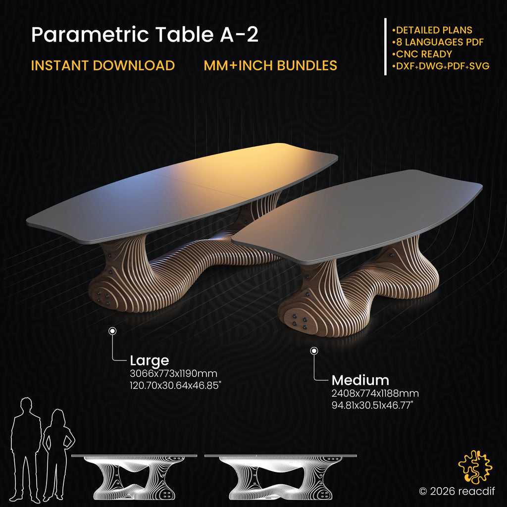 This main cover image displays the digital plan for the Parametric Table A-2, featuring a sculptural river-style base. It showcases both the large and medium size variations of this organic wooden furniture design, highlighting that the download includes vector files for CNC routers and laser cutting machines intended for instant digital delivery.