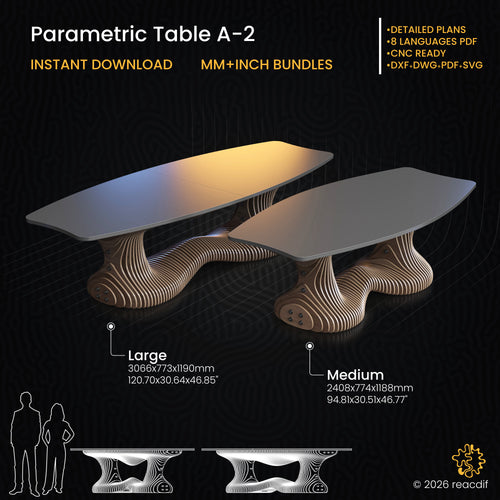 This main cover image displays the digital plan for the Parametric Table A-2, featuring a sculptural river-style base. It showcases both the large and medium size variations of this organic wooden furniture design, highlighting that the download includes vector files for CNC routers and laser cutting machines intended for instant digital delivery.