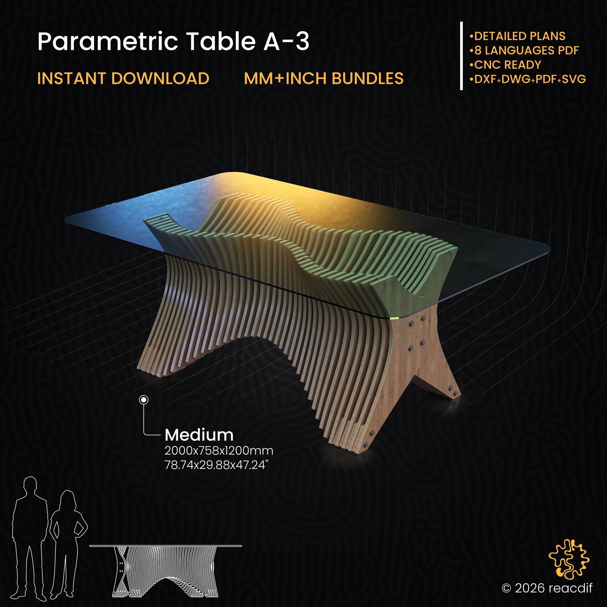 Parametric Table A-3 Digital CNC Files. Sculptural valley-shaped wooden base designed for glass top. Instant Download DXF, SVG, PDF. Modern X-frame plywood dining table or executive desk plan.
