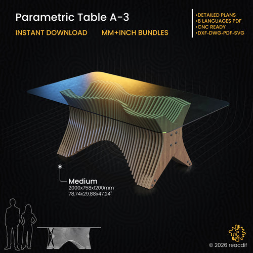 Parametric Table A-3 Digital CNC Files. Sculptural valley-shaped wooden base designed for glass top. Instant Download DXF, SVG, PDF. Modern X-frame plywood dining table or executive desk plan.