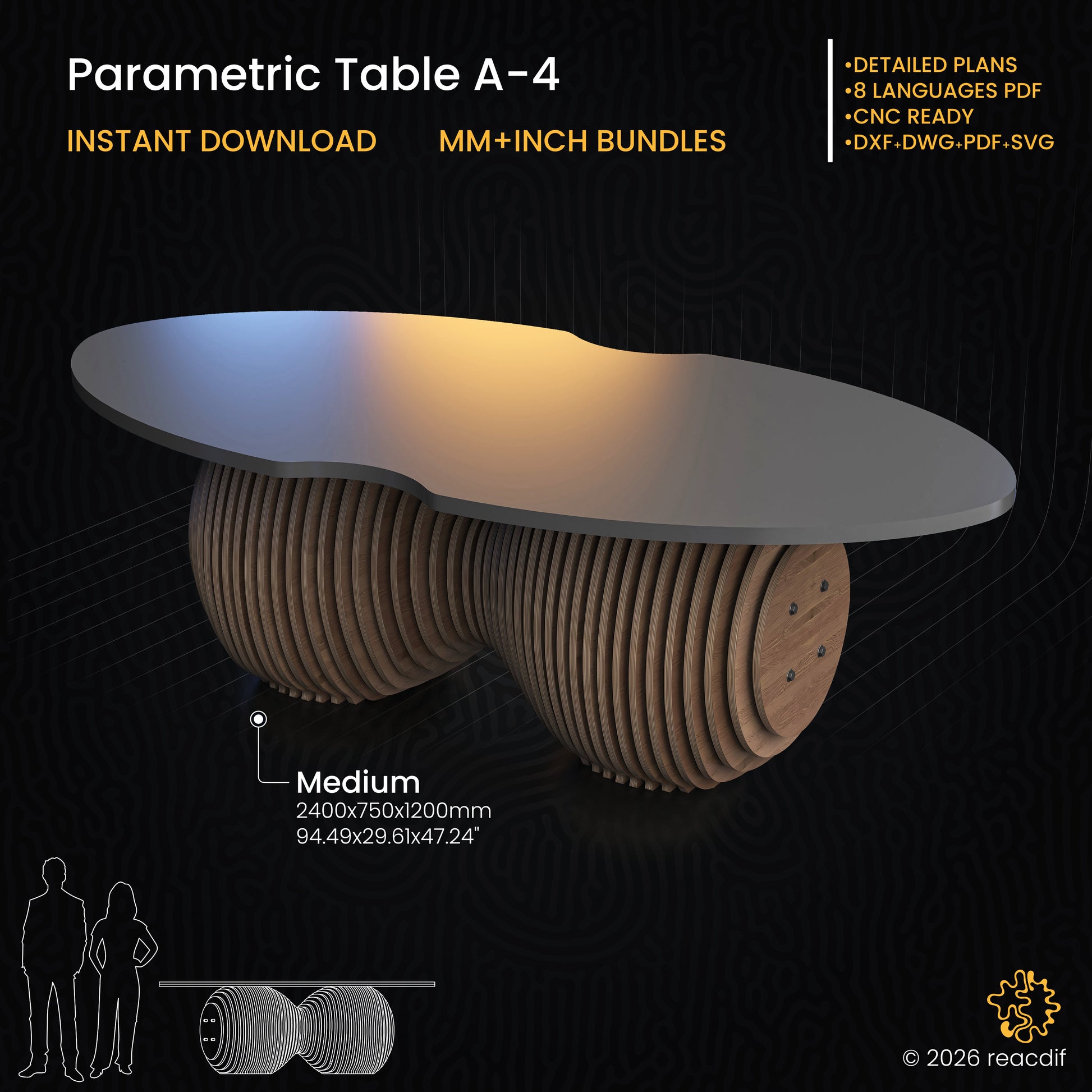 Parametric Table A-4 infographic showing assembly steps and construction details for DIY makers
