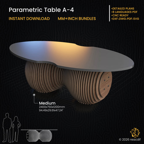 Parametric Table A-4 infographic showing assembly steps and construction details for DIY makers
